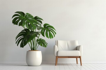 Poster - White Chair Next to Potted Plant in Minimalistic Waiting Area Generative AI