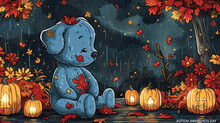 Cute Cartoon Bear Sitting In Autumn Forest With Pumpkins And Flowers Illustration. World Autism Awareness Day,  Spectrum Disorder.