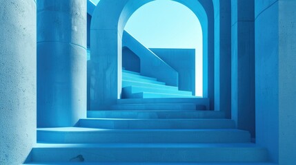 Wall Mural - This is a 3D rendering of a blue concrete staircase with arches. The staircase leads up to a large arched opening.