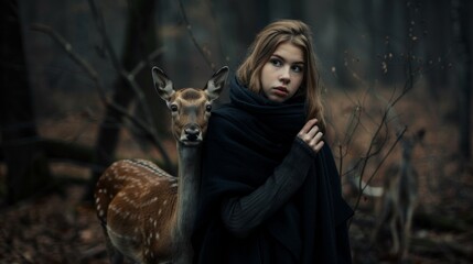 Canvas Print - A woman standing in the woods with a deer behind her