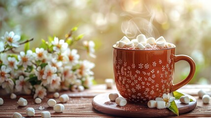 Wall Mural - A cup of hot chocolate and marshmallows on a wooden table