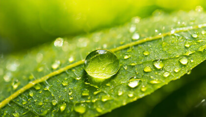 Close-up of green plant leaf one drop of rain, image for nature background