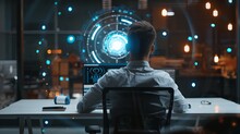 Businessman initiating new project in modern office with holographic computer target - startup concept and technology integration