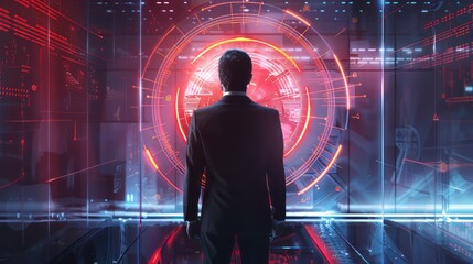 Poster - Businessman initiating new project in modern office with holographic computer target - startup concept and technology integration
