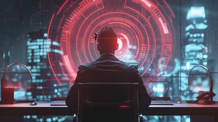 Poster - Businessman initiating new project in modern office with holographic computer target - startup concept and technology integration
