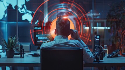 Poster - Businessman initiating new project in modern office with holographic computer target - startup concept and technology integration