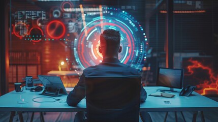 Poster - Businessman initiating new project in modern office with holographic computer target - startup concept and technology integration