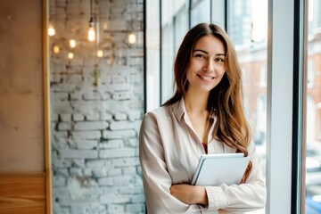 elegant young businesswoman standing in office with digital tablet