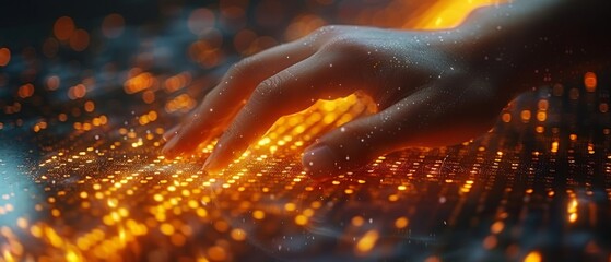 Fototapete - A person touches data on a virtual screen. Business analytics, artificial intelligence, machine learning. Engineers or scientists analyze streams of data.