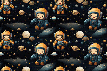 Wall Mural - seamless pattern with cute cartoon characters astronauts in space on black background. texture for d