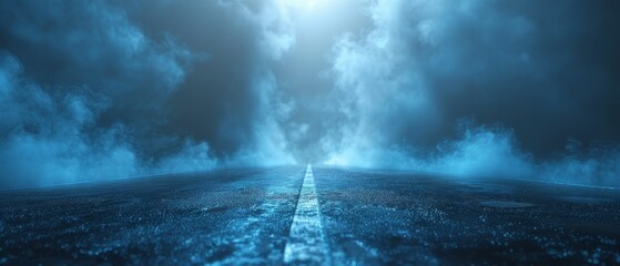 Leinwandbilder - Blue neon light illuminates an empty scene. A blue asphalt street is illuminated with smoke. There is no background.