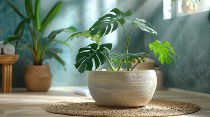 Canvas Print - The interior of a light bathroom with a bathtub and a Monstera plant