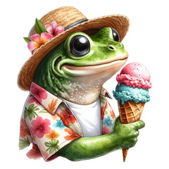 Wall Mural - A frog is eating an ice cream while wearing a summer hat and Aloha shirt, watercolor clipart illustration with isolated background