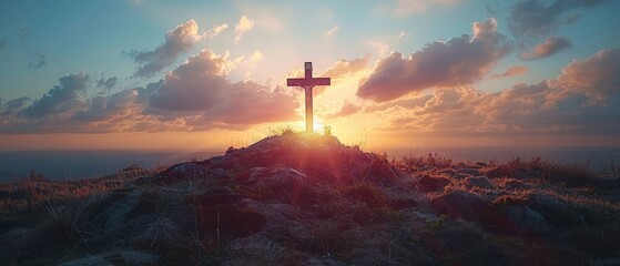 Calvary And Resurrection Concept - Cross With Robe And Crown Of Thorns On Hill At Sunset