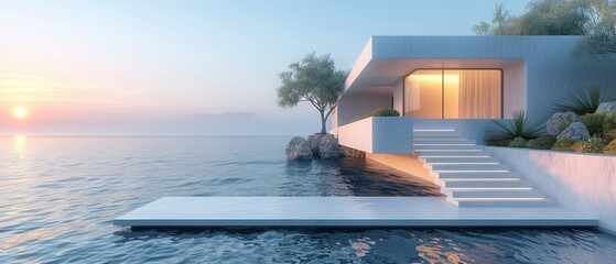 Canvas Print - CG rendering of an elegant white modern house with an entrance made of concrete on a sea view background.