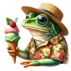 Wall Mural - A frog is eating an ice cream while wearing a summer hat and Aloha shirt, watercolor clipart illustration with isolated background