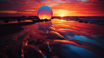 Wall Mural - a luminous, fiery orb dominates a surreal beach sunset