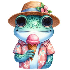 Wall Mural - A frog is eating an ice cream while wearing a summer hat and Aloha shirt, watercolor clipart illustration with isolated background