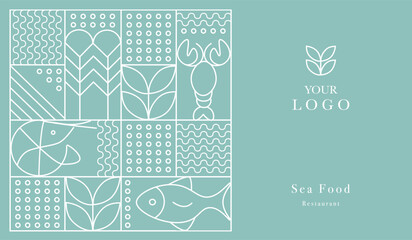 Web banner. Line geometric mosaic seamless pattern illustration. Fish and seafood geometric pattern. Natural food background creative simple, agriculture vector design. Healthy Food pattern