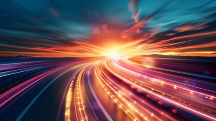 Poster - Concept of digital transformation, disruptive innovation, and agile business methodologies on a road with motion blur.