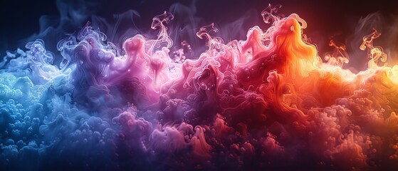 Poster - A Mesmerizing 3D Rendered Symphony of Colorful Smoke Effect Shapes Emerging from the Depths of a Profound Black Background