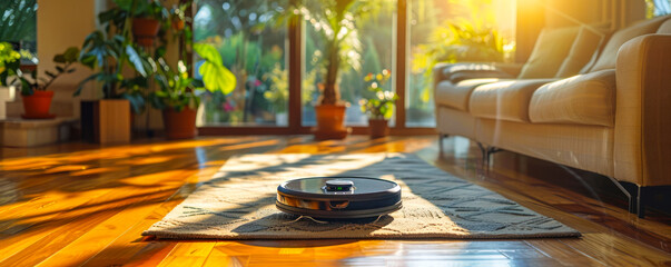 Poster - Autonomous robotic vacuum cleaner on polished wooden floor efficiently cleaning household surfaces in a modern home interior with warm sunlight streaming in