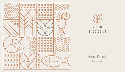 Web banner. Line geometric mosaic seamless pattern illustration. Fish and seafood geometric pattern. Natural food background creative simple, agriculture vector design. Healthy Food pattern