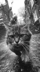 Wall Mural - A black and white photo of a cat in the rain