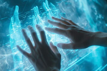 Poster - Human Hands and Technology in a Futuristic Blue Interface Digital background, Exploring the Seamless Symbiosis, Business and presentation, financial, cyber security 
