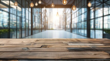 Wall Mural - Empty wood tabletop with blurred bokeh people working in office interior - banner background for product display or montage