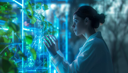 Poster - Nature and Technology: Futuristic Greenhouse Innovation, where a Young Woman Tends to Plants, Cultivating a Seamless Blend of Human Touch and Digital Advancement in Agricultural Research and Gardening