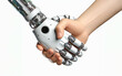 © nana - Human hand holding hands with robot, white background. Concept of cooperation between AI and humans.