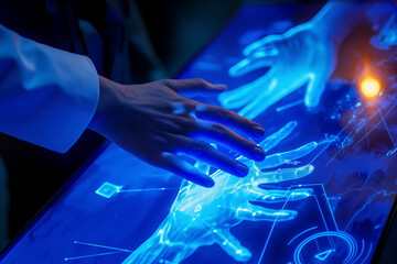 Poster - Human Hands and Technology in a Futuristic Blue Interface Digital background, Exploring the Seamless Symbiosis, Business and presentation, financial, cyber security 