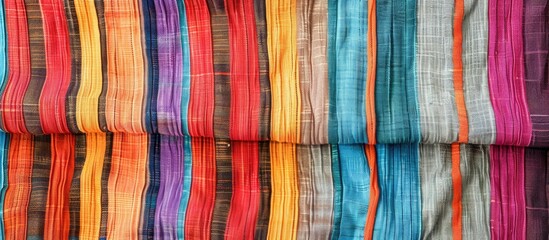 Poster - A close-up view of a multicolored striped fabric, possibly a tablecloth or textile material. The vibrant colors and distinct stripes create a visually striking pattern.
