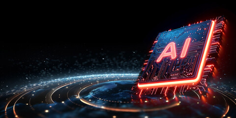 Poster - AI word on microchip over world with small spot light spread , AI concept with copyspace banner background, Generative AI.