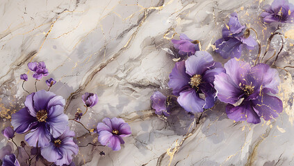 Wall Mural - purple flowers painted on high quality marble in the 