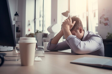 A man sits at a table in the office and holds his head. generative AI