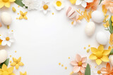 Fototapeta Na sufit - easter background with colorful eggs bunny and flowers on white background.happy Easter, spring, farm, holiday,festive scene , greeting cards, posters, .Easter holiday card concept.copy space	
