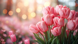Fototapeta Uliczki - Beautiful pink tulips on a blurred spring sunny background. Hot pink floral background, texture for design, greeting card, mockup, copy space.