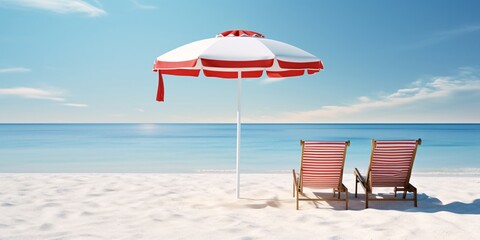 Sticker - beach umbrella and chairs on white sandy beach