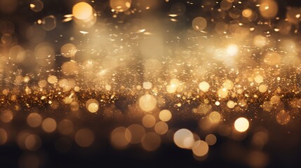 Defocused vintage lights background in light gold and black with glitter.