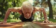 An elderly individual practicing a challenging yoga balance pose on a low beam in the park, a close-up showing their concentrated expression, concept of Mindfulness practice