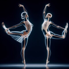 Transparent glass form of human body with skeleton visible, in dance pose
