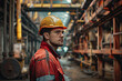 Hardworking construction worker in uniform at a busy industrial warehouse, wearing a safety helmet while managing equipment and ensuring a safe work environment