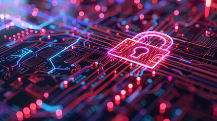 Poster - illuminated lock symbol on a circuit board, representing advanced digital protection,cybersecurity c
