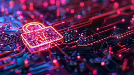 Poster - illuminated lock symbol on a circuit board, representing advanced digital protection,cybersecurity c