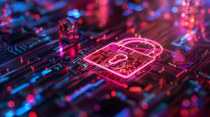 Poster - illuminated lock symbol on a circuit board, representing advanced digital protection,cybersecurity c