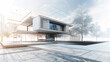 Conceptual design of a futuristic home. House with transparent overlays of architectural plans in a misty landscape