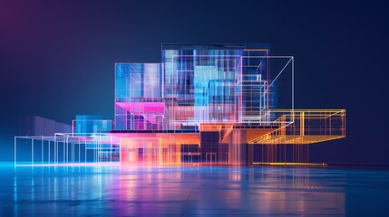 Wall Mural - An abstract 3D architectural structure with vibrant neon colors against a dark, reflective surface creates a striking visualization