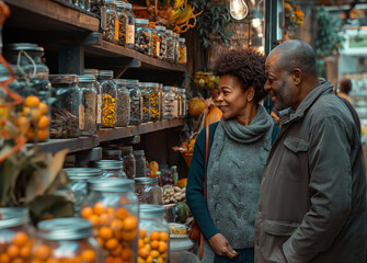 couple of people looking for jars of herbal products in a store